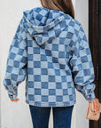 Checker Denim Half-Zip Pocketed Hoodie