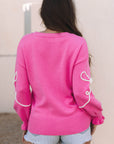 Corded Flower Bow Ribbed Trim Casual Sweater