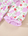 Floral Stripe Trim Frilled Neck 3/4 Sleeve Dress