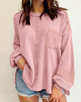 Noa Exposed Seam Patchwork Bubble Sleeve Waffle Knit Top