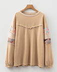 Khaki Exposed Seam Floral Mixed Patchwork Relaxed Plus Size Top