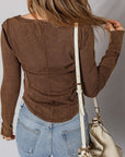 Solid Ribbed Knit Buttoned Long Sleeve Top
