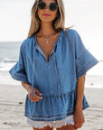 Liv Denim Ruffled Sleeve Lace up Front Peplum Top