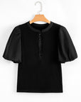 Ribbed Patchwork Puff Sleeve Top