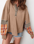 Stripe Plaid Patchwork Waffle Knit Henley Top