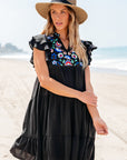 Veda Floral Embroidered Tiered Ruffled Mini Dress