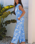 Floral Half-Button Sleeveless Wide Leg Jumpsuit