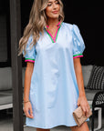 Lily Striped Notched V Neck Puff Sleeve Mini Dress