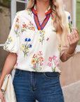 Floral Contrast Puff Sleeve Blouse