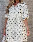 Bow Textured Puff Sleeve Mini Dress