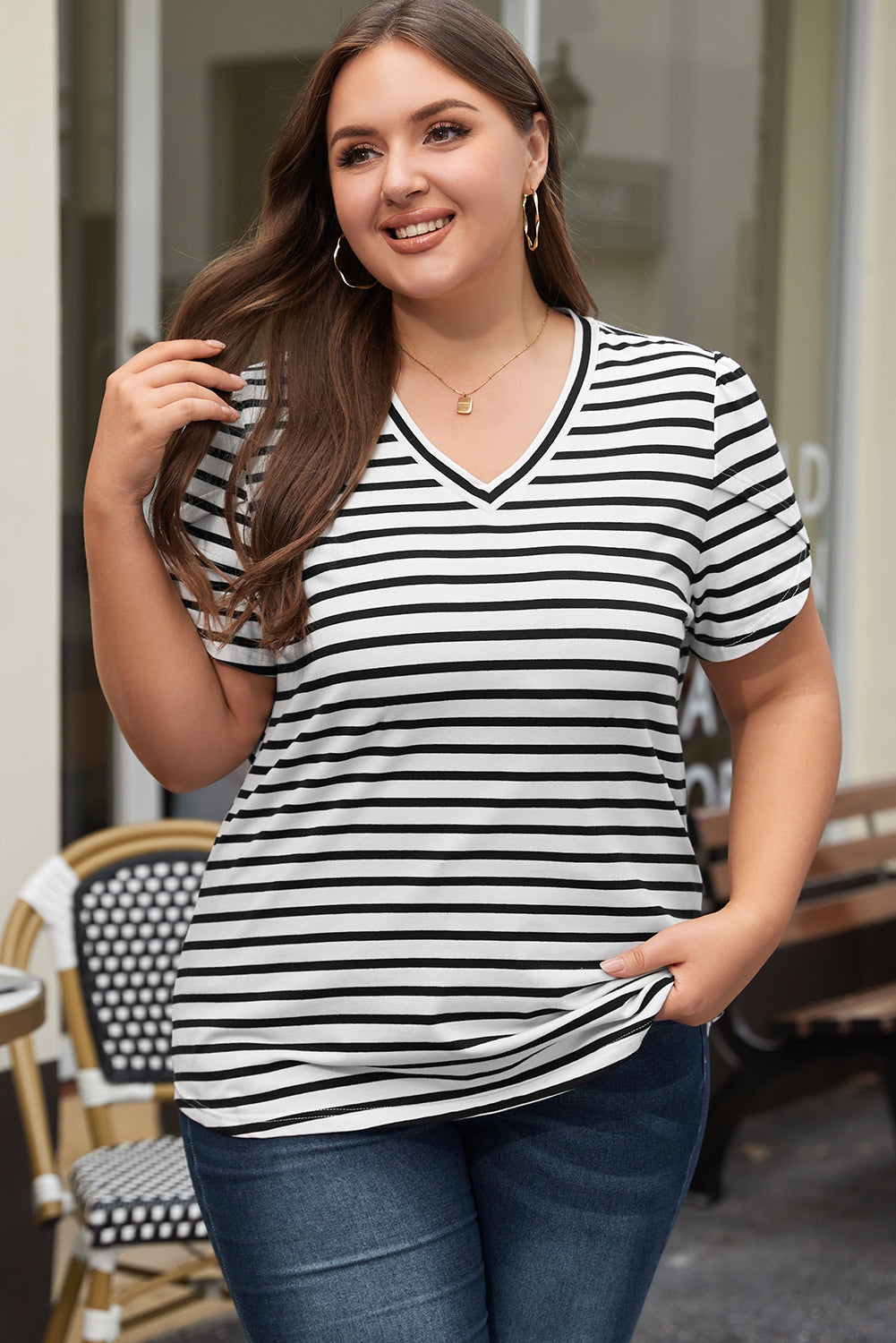 Ramona Stripe V Neck Petal Sleeve Plus Size Top