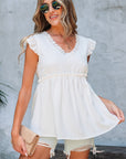 Textured Ruffle Trim V-Neck Top