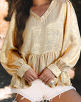 Solid Metallic V-Neck Puff Sleeve Babydoll Blouse