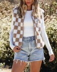 Mindi Checkered Sherpa Collared Jacket Vest