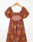 Floral Puff Sleeve Open Back Mini Dress