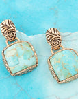 Carved Blue Turquoise Golden Drop Earrings