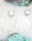 Carved White Mother of Pearl Flower Sterling Silver Statement Earrings