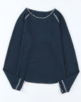 Solid Waffle Knit Round Neck Long Sleeve Top
