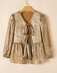 Metallic Bow Tie Front Peplum Blouse