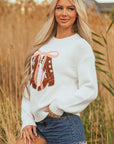 Western Bow Boots Embroidered Drop Shoulder Sweater