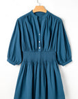 Vera 3/4 Sleeve Shirred High Waist Buttoned Dress