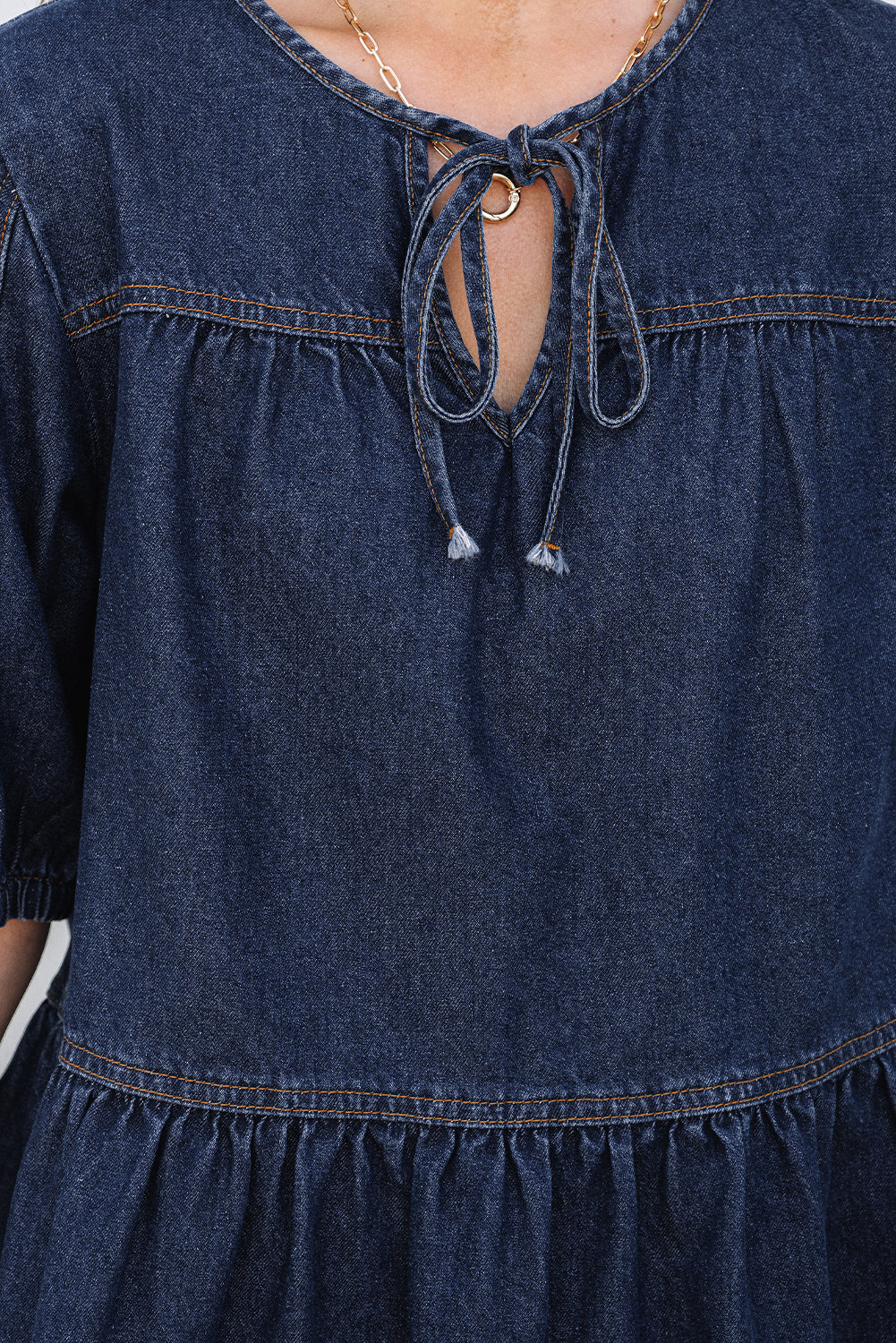 Gracelyn Puff Sleeve Lace-up Neckline Denim Blouse