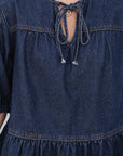 Gracelyn Puff Sleeve Lace-up Neckline Denim Blouse