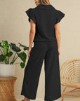 Textured Ruffle Sleeve Zipped Top and Wide Leg Pants Set