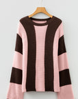 Stripe Colorblock Thermal Textured Knit Drop Shoulder Sweater