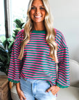 Stripe Lace Trim 3/4 Sleeve Top