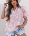 Cattleya Floral Drawstring V Neck Puff Sleeve Loose Blouse