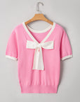 Mercy Bow V-Shape Cut Back Short Sleeve Sweater