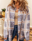 Ana Fuzzy Plaid Collared Button Up Cardigan
