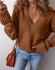 Solid Collared V-Neck Ribbed Edge Sweater