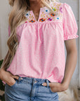 Floral Embroidered Puff Sleeve Blouse