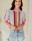 Stripe Pointelle Knit 3/4 Sleeve Sweater