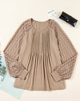 Lace Patchwork Raglan Sleeve Pleated Top