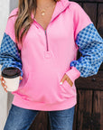 Checker Patchwork Kangaroo Pocket Half-Zip Hoodie
