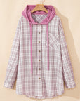 Plus Size Plaid Button-Up Chest Pocket Hooded Shirt