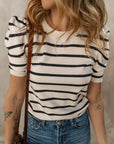 Stripe Ruched Bubble Sleeve Top