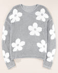Dulce Big Flower Hollowed Knit Drop Shoulder Sweater
