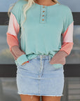 Colorblock Corded Knit Long Sleeve Henley Top