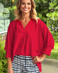 Solid Collared V-Neck Smocked 3/4 Sleeve Top