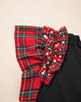 Plaid Patchwork Pearl Ruffle Sleeve T-Shirt