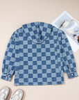 Checker Denim Half-Zip Pocketed Hoodie
