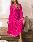 Maya Shirred V Neck Long Sleeve Velvet Dress