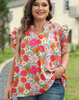 Kimber Plus Floral Notched Neck Ruffle Sleeve Blouse
