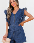 Amora Denim Ruffled Zipped Front Belted Romper