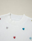Valentine Heart Sequin Ribbed Knit Crewneck Sweater