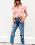 Nancy Floral Ruffle Sleeve Split Neck Blouse